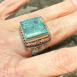Sterling Silver 925 Square Turquoise Cocktail Large Statement Bali Style Ring